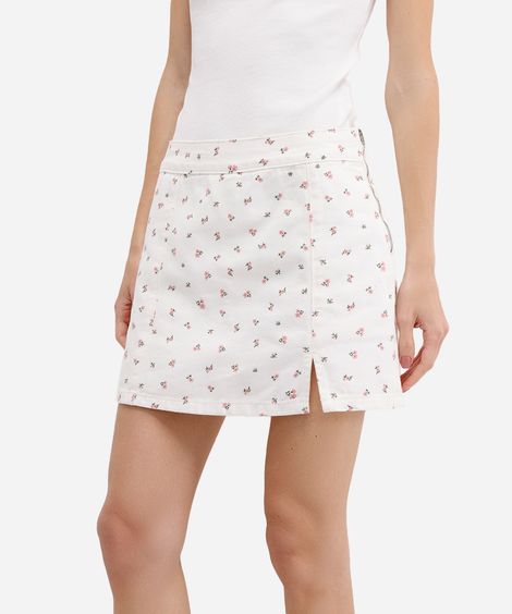 short saia feminino sarja floral cintura super alta off white