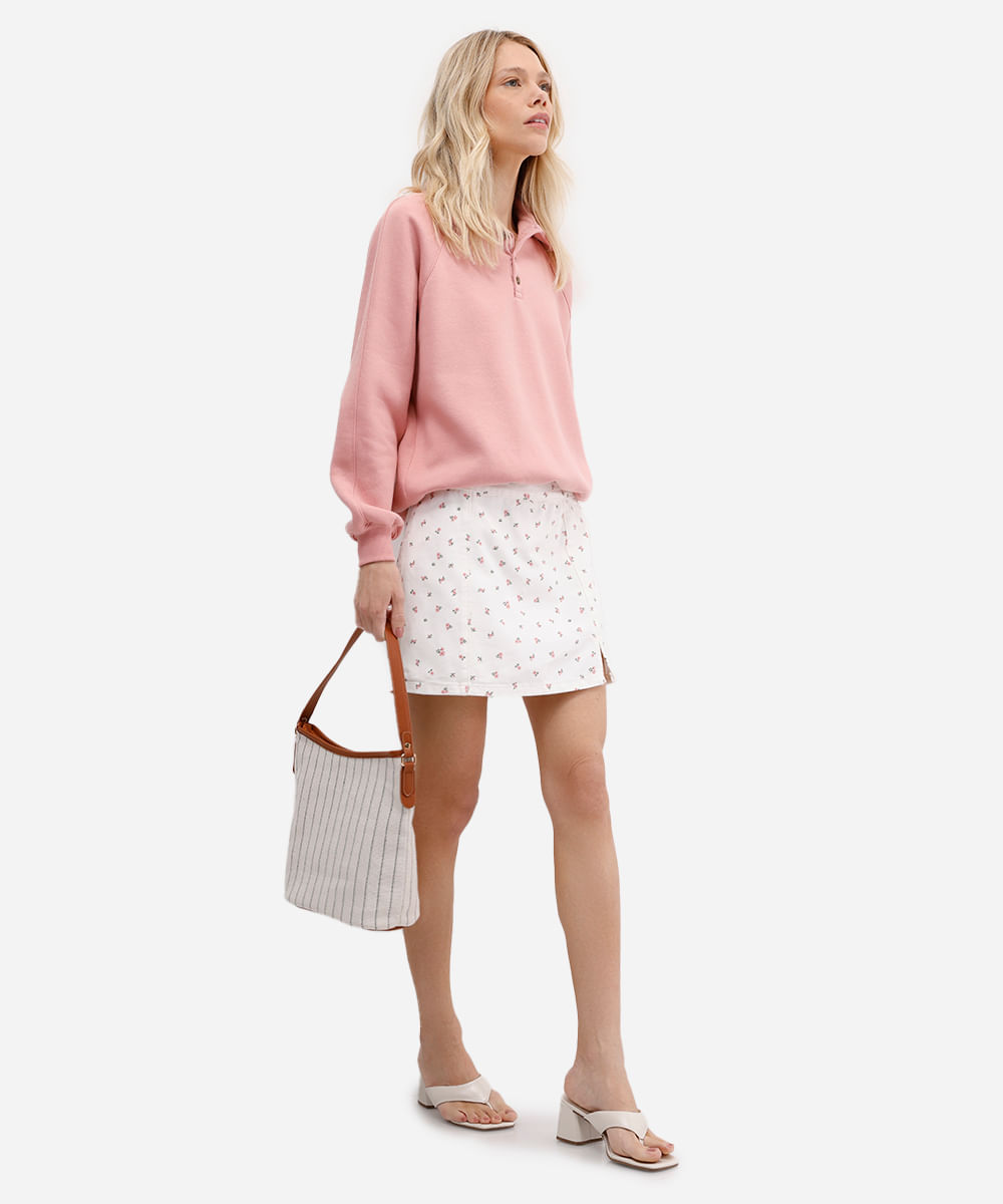 short saia feminino sarja floral cintura super alta off white