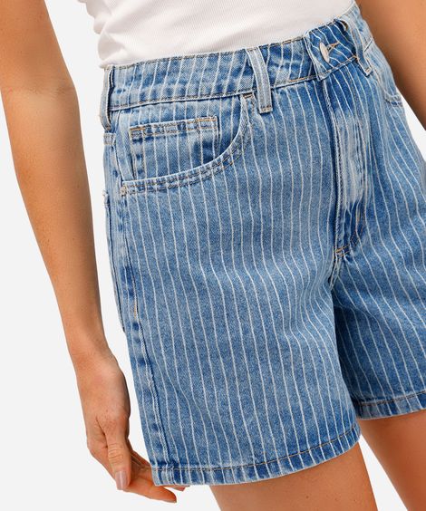bermuda mom feminina jeans listrada azul