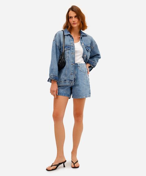 bermuda mom feminina jeans listrada azul