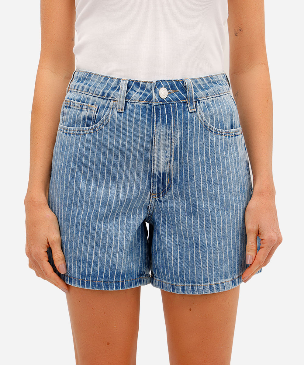bermuda mom feminina jeans listrada azul