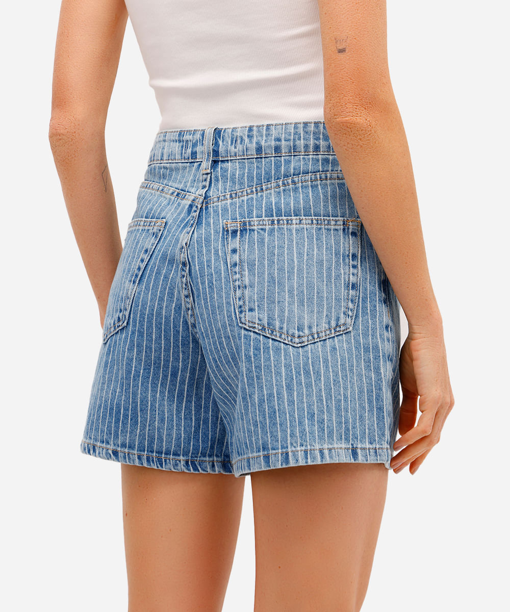 bermuda mom feminina jeans listrada azul