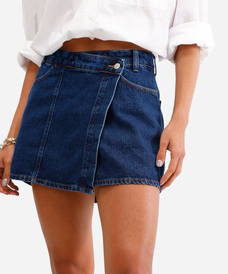 short saia feminino jeans cintura alta azul