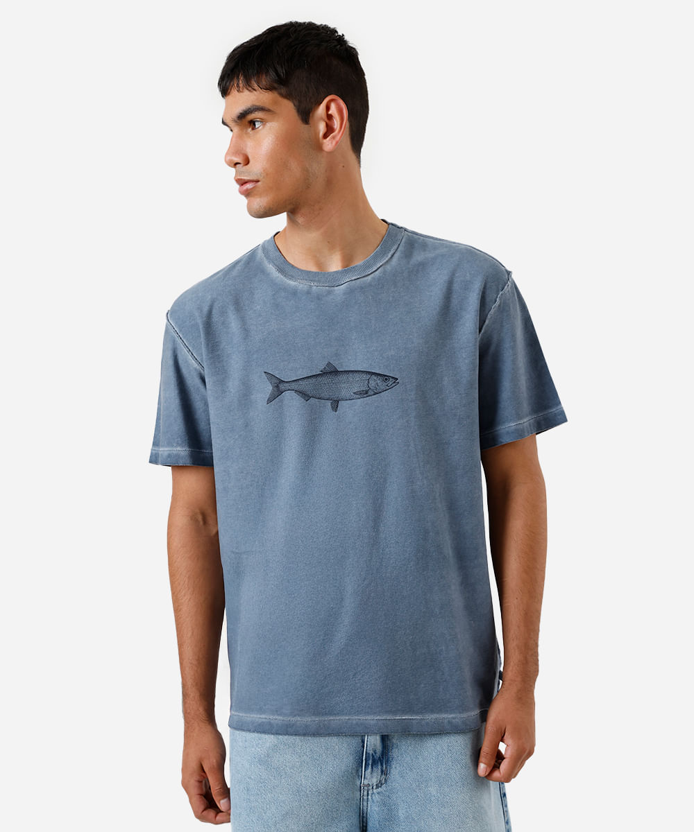 camiseta dupla face masculina de algodão estampada estonada azul