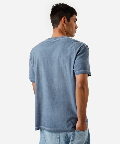 camiseta dupla face masculina de algodão estampada estonada azul