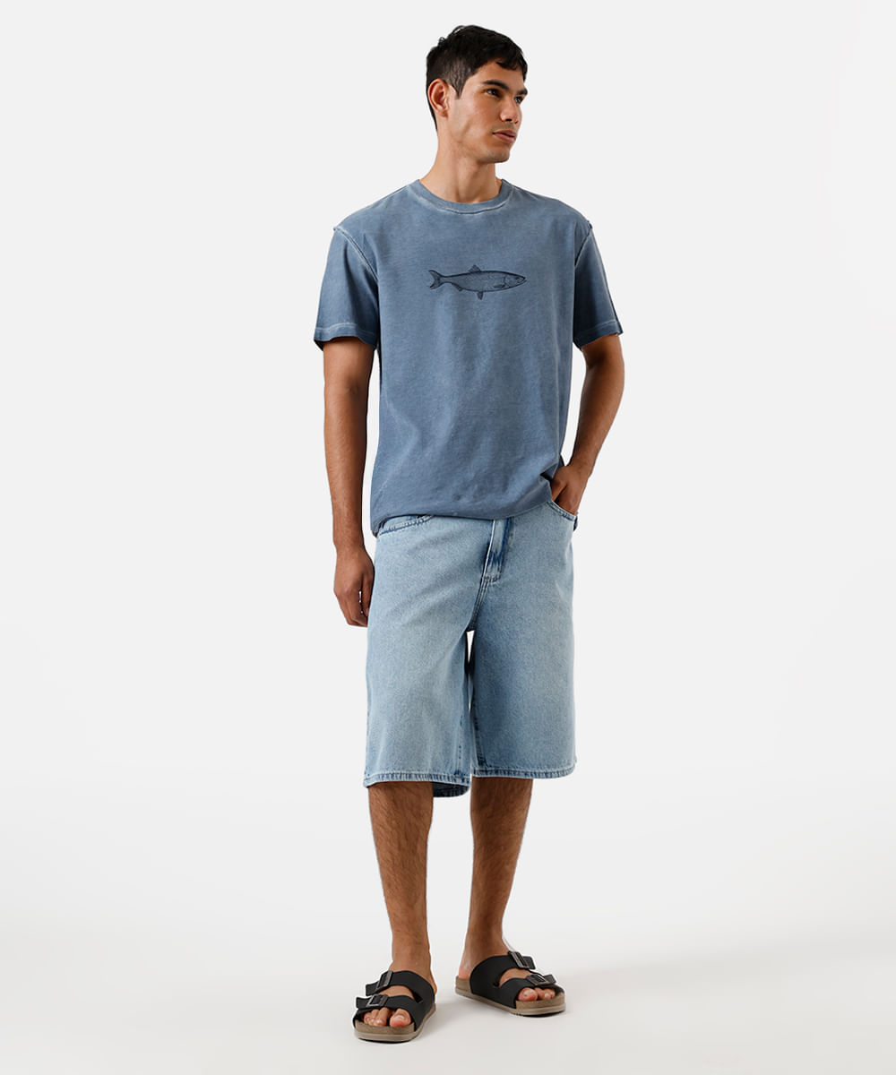 camiseta dupla face masculina de algodão estampada estonada azul