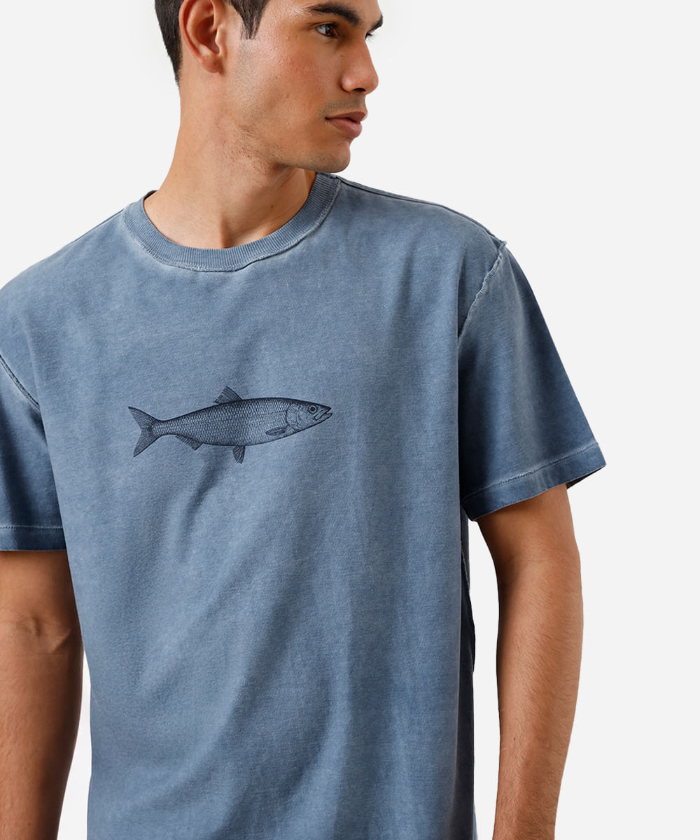 camiseta dupla face masculina de algodão estampada estonada azul