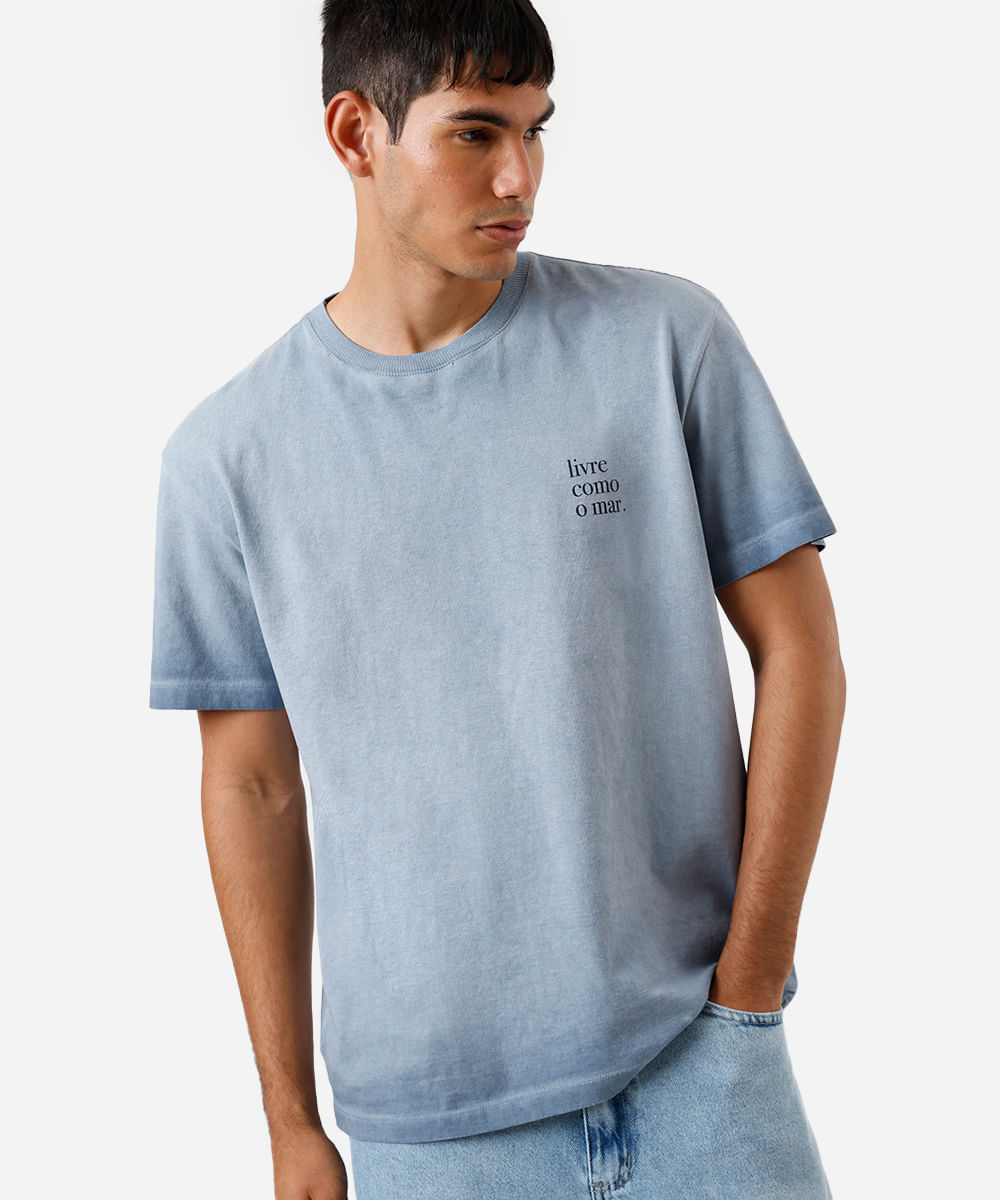 camiseta dupla face masculina de algodão estampada estonada azul