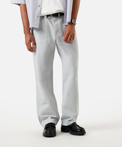 calça relaxed masculina de sarja cintura ajustável cinza