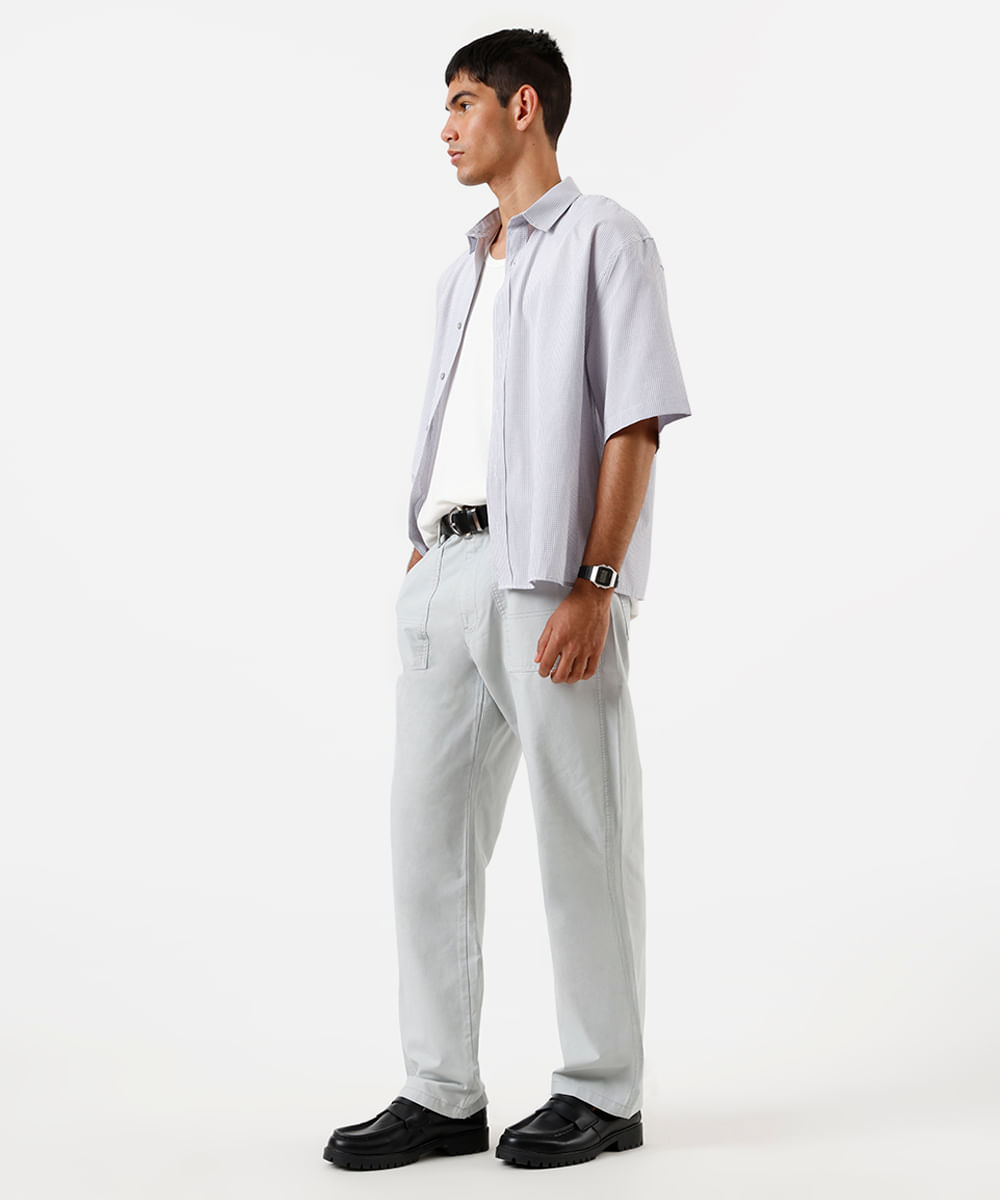 calça relaxed masculina de sarja cintura ajustável cinza
