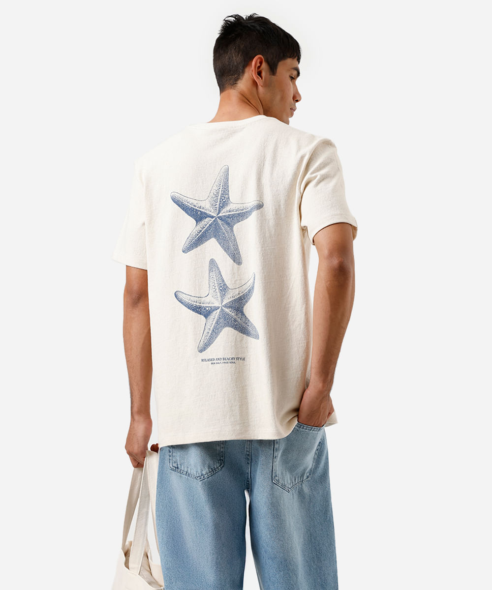 camiseta masculina de algodão estrelas do mar bege
