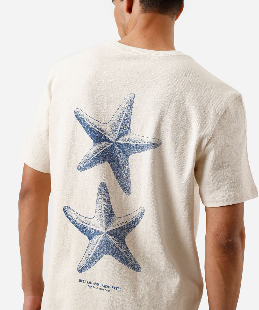 camiseta masculina de algodão estrelas do mar bege