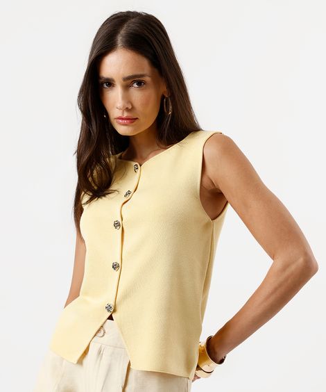 colete feminino de tricot com recorte amarelo