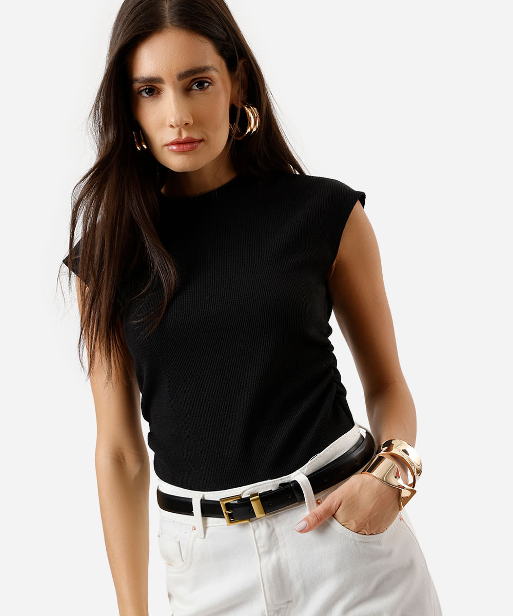 blusa feminina texturizada manga japonesa preta