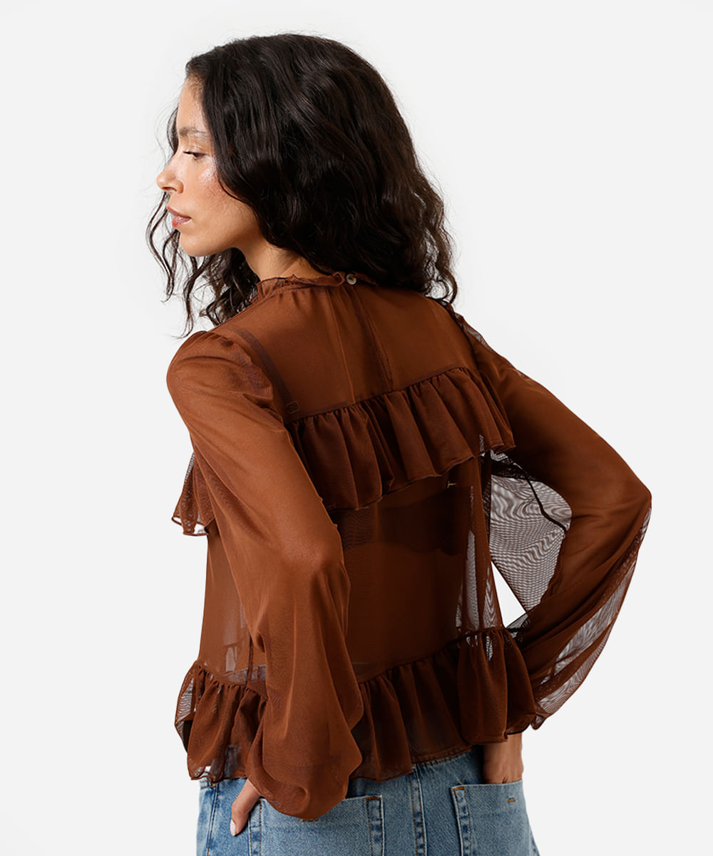 bata feminina de tule manga bufante com babados marrom