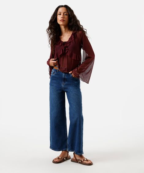 calça wide leg cropped feminina jeans azul