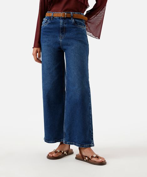 calça wide leg cropped feminina jeans azul