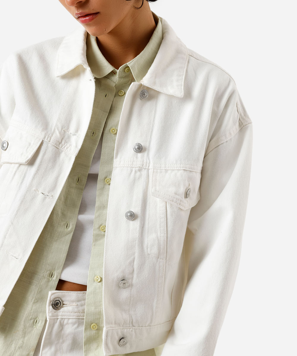 jaqueta feminina de sarja com pregas off white