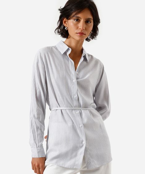 camisa alongada feminina de viscose com cordão listrada azul