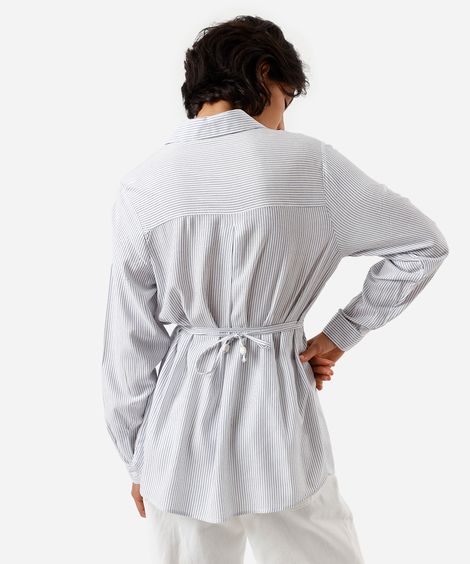 camisa alongada feminina de viscose com cordão listrada azul