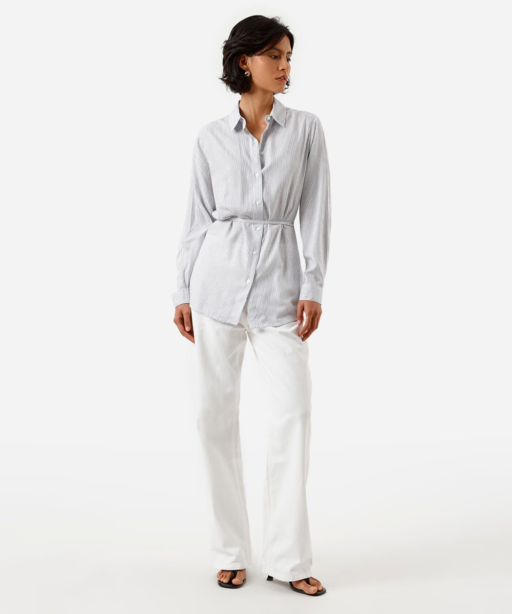 camisa alongada feminina de viscose com cordão listrada azul