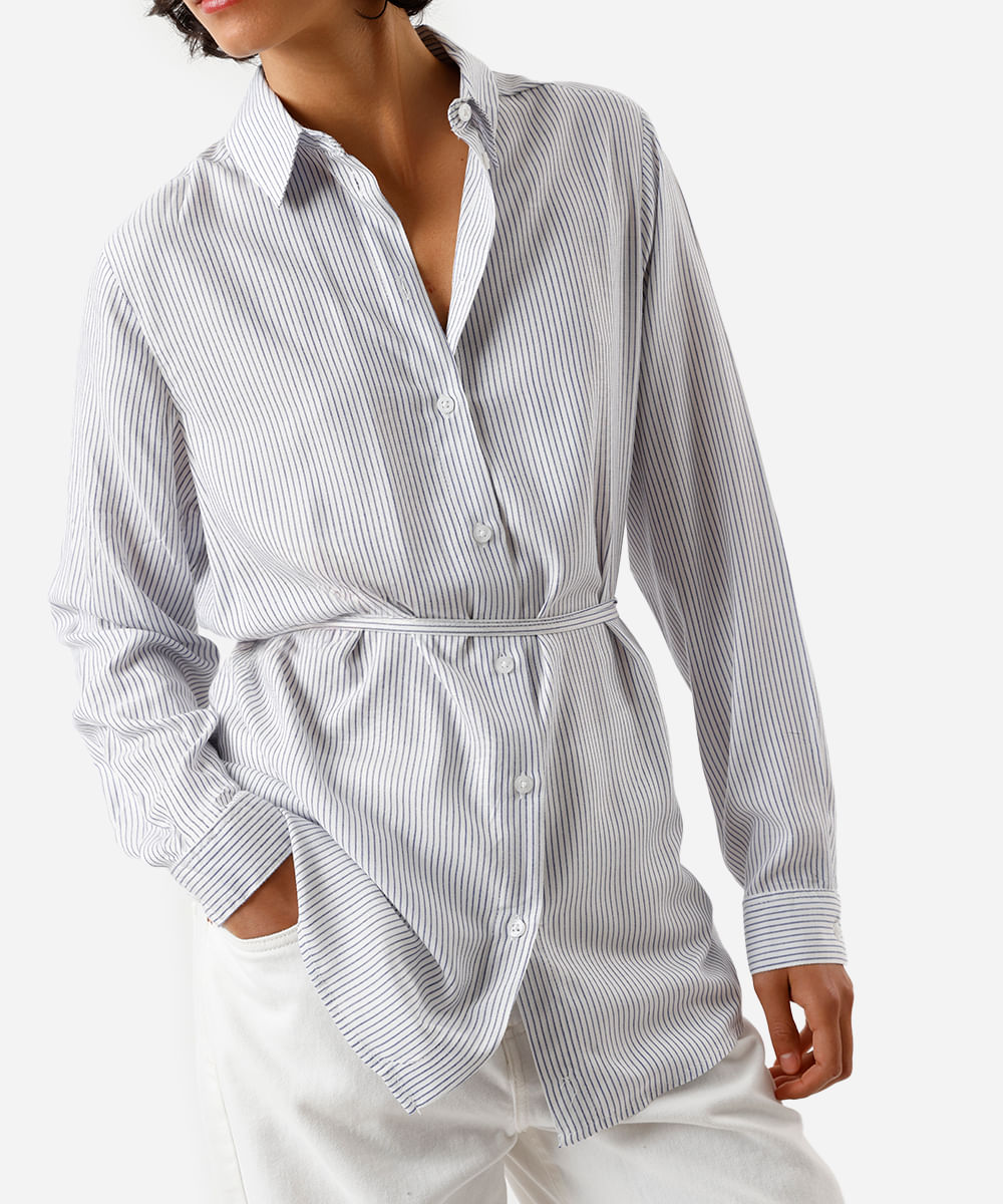 camisa alongada feminina de viscose com cordão listrada azul