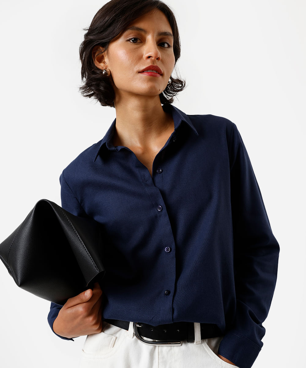 camisa feminina com linho manga longa azul