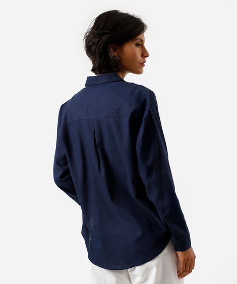 camisa feminina com linho manga longa azul