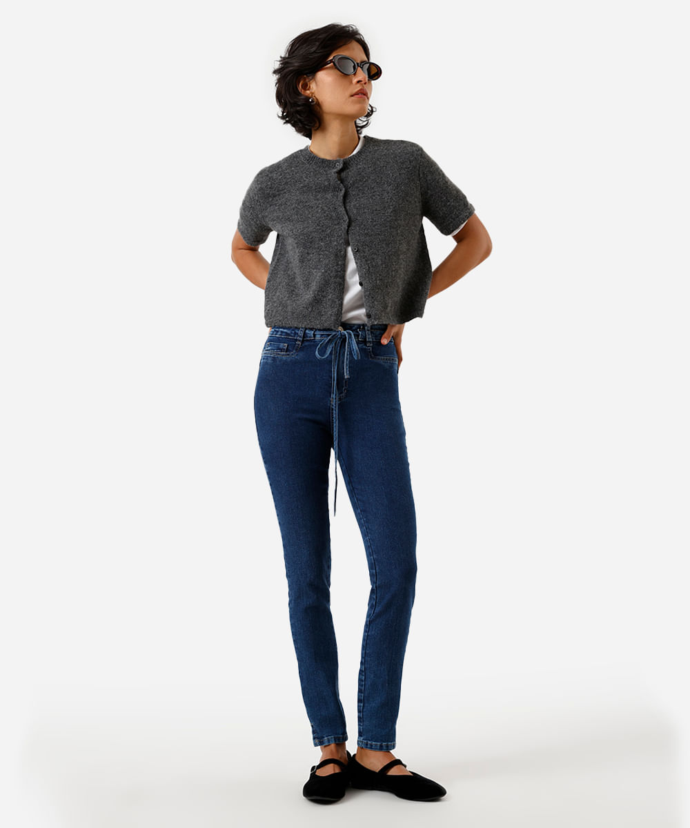 calça skinny feminina jeans com cordão e fendas sawary azul