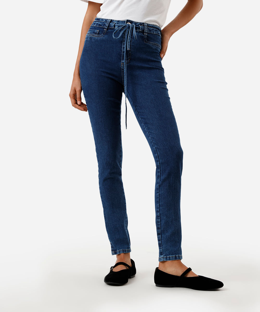 calça skinny feminina jeans com cordão e fendas sawary azul