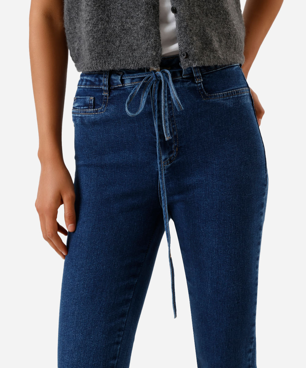 calça skinny feminina jeans com cordão e fendas sawary azul