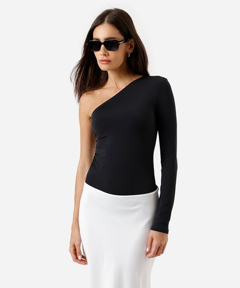 body ombro único feminino franzido preto