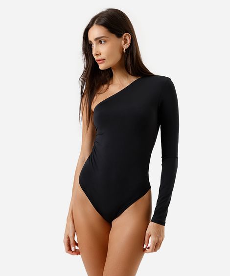 body ombro único feminino franzido preto