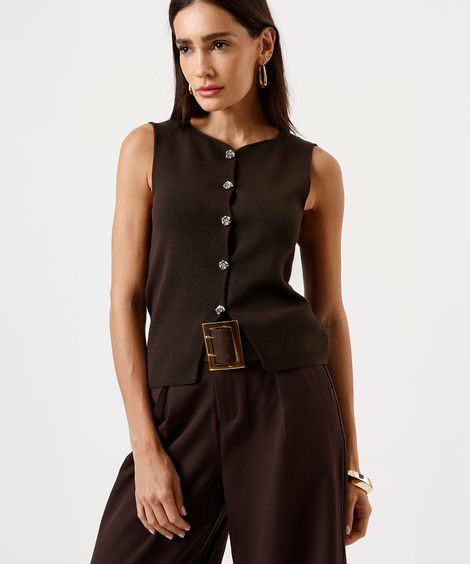colete feminino de tricot com recorte marrom