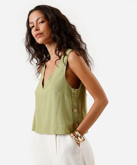 regata feminina com linho decote v verde