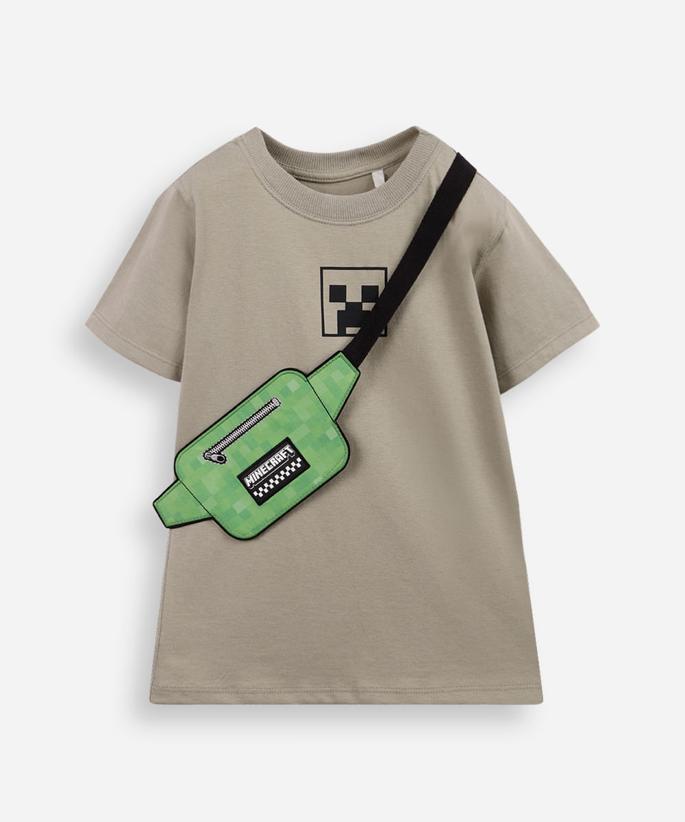 camiseta infantil minecraft com brinde pochete verde