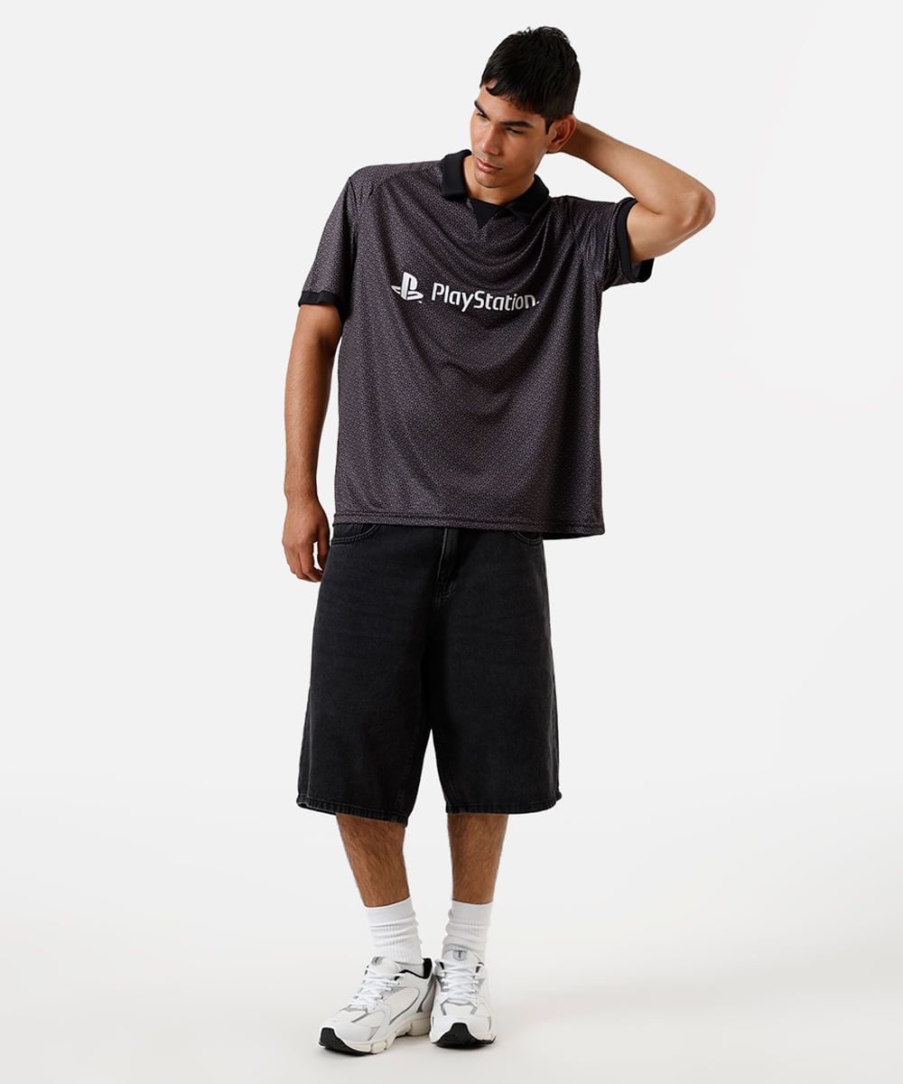 camiseta masculina com gola playstation oversized preta