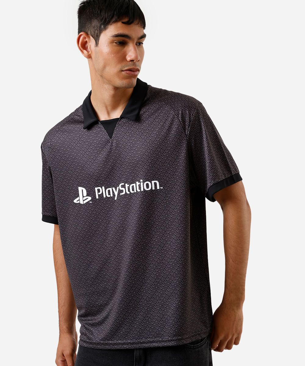 camiseta masculina com gola playstation oversized preta