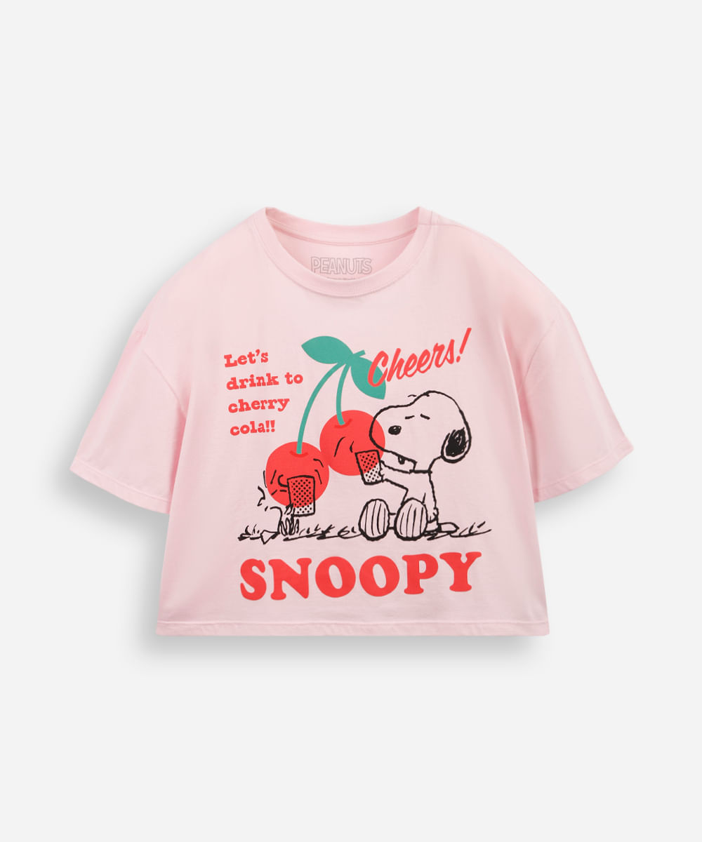 camiseta juvenil boxy cropped snoopy cereja rosa