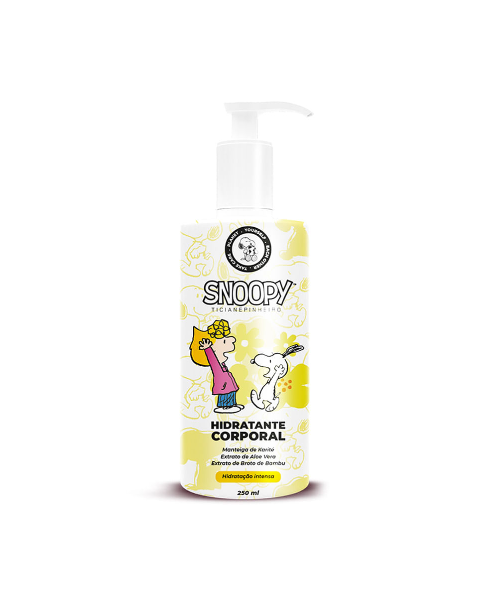 kit infantil snoopy sabonete facil hidratante corporal e esponja banho