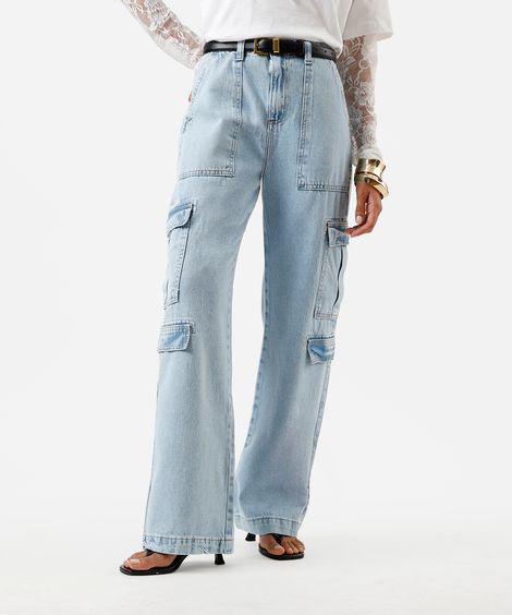 calça cargo reta feminina jeans cintura alta azul
