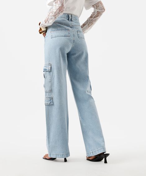 calça cargo reta feminina jeans cintura alta azul