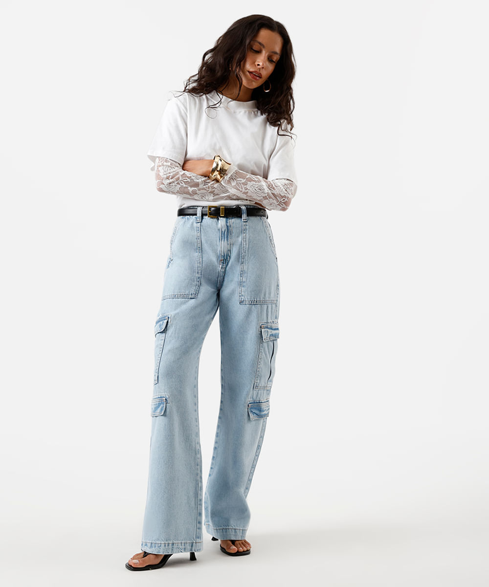 calça cargo reta feminina jeans cintura alta azul