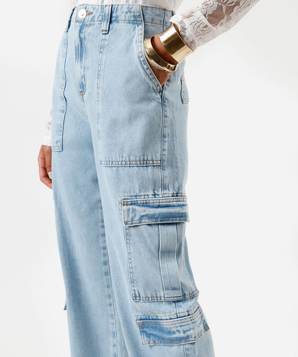 calça cargo reta feminina jeans cintura alta azul
