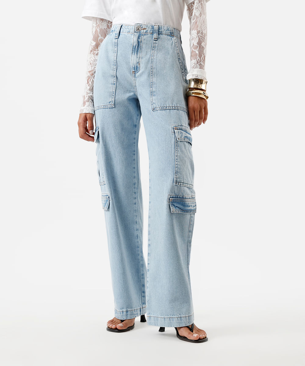calça cargo reta feminina jeans cintura alta azul