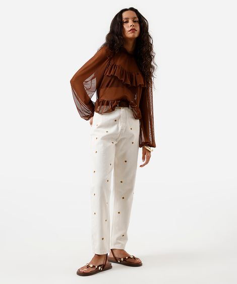 calça mom sarja cintura alta flor bordada bege