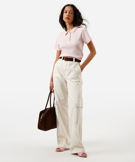 calça wide leg slim feminina de sarja com bolsos cargo bege