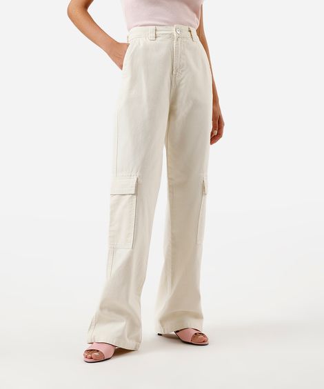 calça wide leg slim feminina de sarja com bolsos cargo bege