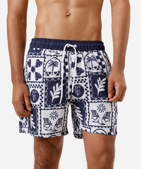 short masculino cos elástico estampado ícones praia azul