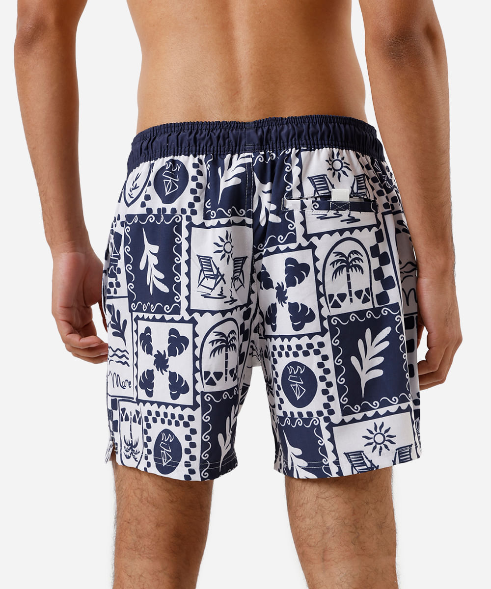 short masculino cos elástico estampado ícones praia azul